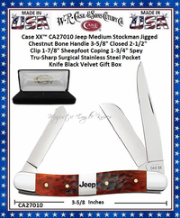 W.R. Case & Sons Cutlery Case XX� CA27010 Medium Stockman Jeep Chestnut Bone Handle 3-5/8" Closed 2-1/2" Clip 1-7/8" Sheepfoot Coping 1-3/4" Spey Plain Blade Tru-Sharp Surgical Stainless Steel Pocket Knife