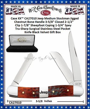 W.R. Case & Sons Cutlery Case XX� CA27010 Medium Stockman Jeep Chestnut Bone Handle 3-5/8" Closed 2-1/2" Clip 1-7/8" Sheepfoot Coping 1-3/4" Spey Plain Blade Tru-Sharp Surgical Stainless Steel Pocket Knife