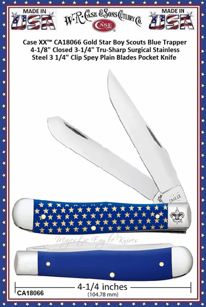 W.R. Case & Sons Cutlery Case XX� CA18066 Gold Star Boy Scouts Blue Trapper 4-1/8" Closed 3-1/4" Tru-Sharp Surgical Stainless Steel 3 1/4" Clip Spey Plain Blades Pocket Knife