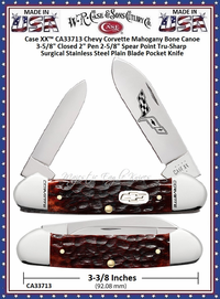 W.R. Case & Sons Cutlery Case XX� CA33713 Chevy Corvette Mahogany Bone Canoe 3-5/8" Closed 2" Pen 2-5/8" Spear Point Tru-Sharp Surgical Stainless Steel Plain Blade Pocket Knife 