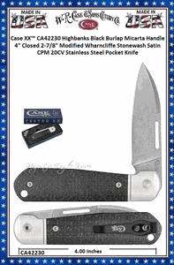 W.R. Case & Sons Cutlery Case XX� CA42230 Highbanks Black Burlap Micarta Handle 4" Closed 2-7/8" Stonewash Satin CPM 20CV Plain Blade Stainless Steel Pocket Knife
