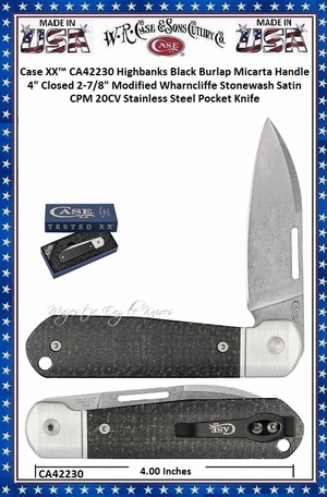 W.R. Case & Sons Cutlery Case XX™ CA42230 Highbanks Black Burlap Micarta Handle 4" Closed 2-7/8" Stonewash Satin CPM 20CV Plain Blade Stainless Steel Pocket Knife W.R. Case & Sons Cutlery Case XX™ CA42230 Highbanks Black Burlap Micarta Handle 4" Closed 2-7/8" Stonewash Satin CPM 20CV Plain Blade Stainless Steel Pocket Knife