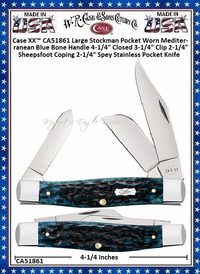 W.R. Case & Sons Cutlery Case XX� CA51861 Large Stockman Pocket Worn Mediterranean Blue Bone Handle 4-1/4" Closed 3-1/4" Clip 2-1/4" Sheepsfoot Coping 2-1/4" Spey Stainless Pocket Knife