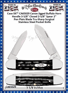 W.R. Case & Sons Cutlery Case XX� CA65029 Jigged Buffalo Horn Handle Canoe 3-5/8" 2-5/8" Spear 2" Pen Blades Tru-Sharp Surgical Stainless Steel Pocket Knife