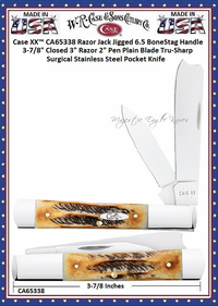 W.R. Case & Sons Cutlery Case XX™ CA65338 Razor Jack Jigged 6.5 BoneStag Handle 3-7/8" Closed 3" Razor 2" Pen Plain Blade Tru-Sharp Surgical Stainless Steel Pocket Knife W.R. Case & Sons Cutlery Case XX™ CA65338 Razor Jack Jigged 6.5 BoneStag Handle 3-7/8" Closed 3" Razor 2" Pen Plain Blade Tru-Sharp Surgical Stainless Steel Pocket Knife