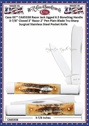 W.R. Case & Sons Cutlery Case XX™ CA65338 Razor Jack Jigged 6.5 BoneStag Handle 3-7/8" Closed 3" Razor 2" Pen Plain Blade Tru-Sharp Surgical Stainless Steel Pocket Knife W.R. Case & Sons Cutlery Case XX™ CA65338 Razor Jack Jigged 6.5 BoneStag Handle 3-7/8" Closed 3" Razor 2" Pen Plain Blade Tru-Sharp Surgical Stainless Steel Pocket Knife
