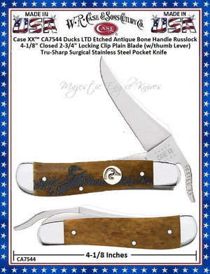 W.R. Case & Sons Cutlery Case XX� CA7544 Ducks Unlimited Etched Antique Bone Handle Russlock 4-1/8" Closed 2-3/4" Locking Clip Plain Blade (w/thumb Lever) Round Nickel Silver Ducks Unlimited Inlay Tru-Sharp Surgical Stainless Steel Pocket Knife