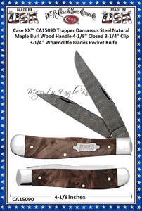 W.R. Case & Sons Cutlery Case XX� CA15090 Trapper Damascus Steel Natural Maple Burl Wood Handle 4-1/8" Closed 3-1/4" Clip 3-1/4" Wharncliffe Blades Pocket Knife 