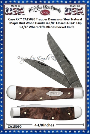 W.R. Case & Sons Cutlery Case XX� CA15090 Trapper Damascus Steel Natural Maple Burl Wood Handle 4-1/8" Closed 3-1/4" Clip 3-1/4" Wharncliffe Blades Pocket Knife 