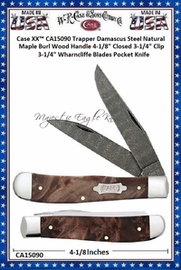 W.R. Case & Sons Cutlery Case XX� CA15090 Trapper Damascus Steel Natural Maple Burl Wood Handle 4-1/8" Closed 3-1/4" Clip 3-1/4" Wharncliffe Blades Pocket Knife 