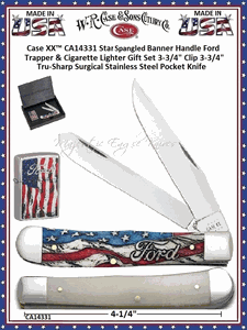 W.R. Case & Sons Cutlery Presents CA14331 Case XX� Star Spangled Banner Handle Ford Trapper & Cigarette Lighter Gift Set 3-3/4" Clip 3-3/4" Spey Blades Tru-Sharp Surgical Stainless Steel Pocket Knife