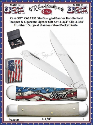 W.R. Case & Sons Cutlery Presents CA14331 Case XX� Star Spangled Banner Handle Ford Trapper & Cigarette Lighter Gift Set 3-3/4" Clip 3-3/4" Spey Blades Tru-Sharp Surgical Stainless Steel Pocket Knife