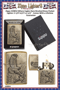 Zippo Windproof Lighter Z20854 Zippo Where Eagles Dare Brushed Brass Windproof Pocket Lighter 2-1/4"x1/2"x1-1/2" Comes With a Lifetime Guarantee  