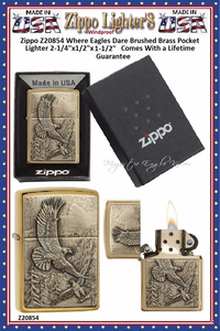 Zippo Windproof Lighter Z20854 Zippo Where Eagles Dare Brushed Brass Windproof Pocket Lighter 2-1/4"x1/2"x1-1/2" Comes With a Lifetime Guarantee Zippo Windproof Lighter Z20854 Zippo Where Eagles Dare Brushed Brass Windproof Pocket Lighter 2-1/4"x1/2"x1-1/2" Comes With a Lifetime Guarantee