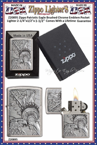 Zippo Windproof Lighter Z20895 Zippo Patriotic Eagle Brushed Chrome Emblem Windproof Pocket Lighter 2-1/4"x1/2"x1-1/2" Comes With a Lifetime Guarantee Zippo Windproof Lighter Z20895 Zippo Patriotic Eagle Brushed Chrome Emblem Windproof Pocket Lighter 2-1/4"x1/2"x1-1/2" Comes With a Lifetime Guarantee
