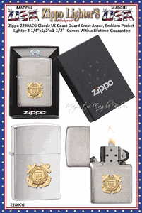 Zippo Windproof Lighter Z280ACG Zippo Classic US Coast Guard Crost Anchor, Emblem Windproof Pocket Lighter 2-1/4"x1/2"x1-1/2" Comes With a Lifetime Guarantee 