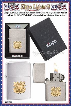 Zippo Windproof Lighter Z280ACG Zippo Classic US Coast Guard Crost Anchor, Emblem Windproof Pocket Lighter 2-1/4"x1/2"x1-1/2" Comes With a Lifetime Guarantee 