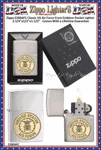 Zippo Windproof Lighter  Z280AFC Zippo Classic US Air Force Crest Emblem Windproof Pocket Lighter 2-1/4"x1/2"x1-1/2" Comes With a Lifetime Guarantee 
