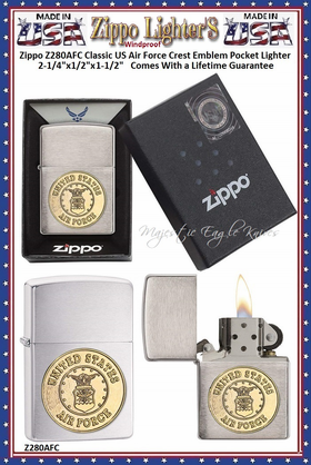 Zippo Windproof Lighter Z280AFC Zippo Classic US Air Force Crest Emblem Windproof Pocket Lighter 2-1/4"x1/2"x1-1/2" Comes With a Lifetime Guarantee Zippo Windproof Lighter Z280AFC Zippo Classic US Air Force Crest Emblem Windproof Pocket Lighter 2-1/4"x1/2"x1-1/2" Comes With a Lifetime Guarantee