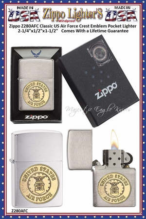Zippo Windproof Lighter Z280AFC Zippo Classic US Air Force Crest Emblem Windproof Pocket Lighter 2-1/4"x1/2"x1-1/2" Comes With a Lifetime Guarantee Zippo Windproof Lighter Z280AFC Zippo Classic US Air Force Crest Emblem Windproof Pocket Lighter 2-1/4"x1/2"x1-1/2" Comes With a Lifetime Guarantee