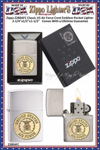 Zippo Windproof Lighter Z280AFC Zippo Classic US Air Force Crest Emblem Windproof Pocket Lighter 2-1/4"x1/2"x1-1/2" Comes With a Lifetime Guarantee Zippo Windproof Lighter Z280AFC Zippo Classic US Air Force Crest Emblem Windproof Pocket Lighter 2-1/4"x1/2"x1-1/2" Comes With a Lifetime Guarantee