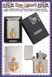 Zippo Windproof Lighter Z280ANC Zippo Classic US Navy Crest Anchor Windproof Pocket Lighter 2-1/4"x1/2"x1-1/2" Comes With a Lifetime Guarantee  