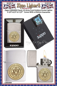 Zippo Windproof Lighter Z280ARM Zippo Classic US Army Crest Emblem Windproof Pocket Lighter 2-1/4"x1/2"x1-1/2" Comes With a Lifetime Guarantee Zippo Windproof Lighter Z280ARM Zippo Classic US Army Crest Emblem Windproof Pocket Lighter 2-1/4"x1/2"x1-1/2" Comes With a Lifetime Guarantee