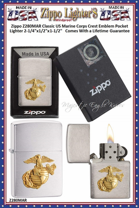 Zippo Windproof Lighter Z280MAR Zippo Classic US Marine Corps Crest Emblem Windproof Pocket Lighter 2-1/4"x1/2"x1-1/2" Comes With a Lifetime Guarantee 