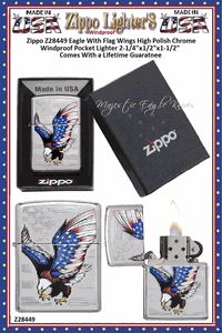 Zippo Windproof Lighter Z28449 Zippo Eagle With Flag Wings High Polish Chrome Windproof Pocket Lighter 2-1/4"x1/2"x1-1/2" Comes With a Lifetime Guarantee 