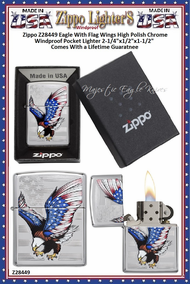 Zippo Windproof Lighter Z28449 Zippo Eagle With Flag Wings High Polish Chrome Windproof Pocket Lighter 2-1/4"x1/2"x1-1/2" Comes With a Lifetime Guarantee Zippo Windproof Lighter Z28449 Zippo Eagle With Flag Wings High Polish Chrome Windproof Pocket Lighter 2-1/4"x1/2"x1-1/2" Comes With a Lifetime Guarantee