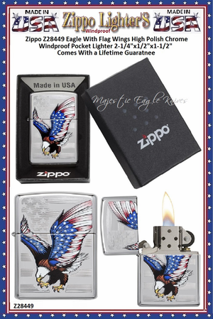 Zippo Windproof Lighter Z28449 Zippo Eagle With Flag Wings High Polish Chrome Windproof Pocket Lighter 2-1/4"x1/2"x1-1/2" Comes With a Lifetime Guarantee Zippo Windproof Lighter Z28449 Zippo Eagle With Flag Wings High Polish Chrome Windproof Pocket Lighter 2-1/4"x1/2"x1-1/2" Comes With a Lifetime Guarantee