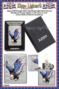 Zippo Windproof Lighter Z28449 Zippo Eagle With Flag Wings High Polish Chrome Windproof Pocket Lighter 2-1/4"x1/2"x1-1/2" Comes With a Lifetime Guarantee Zippo Windproof Lighter Z28449 Zippo Eagle With Flag Wings High Polish Chrome Windproof Pocket Lighter 2-1/4"x1/2"x1-1/2" Comes With a Lifetime Guarantee