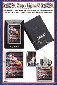 Zippo Windproof Lighter Z28652 Zippo Classic Bald Eagle Flag Brushed Chrome Windproof Pocket Lighter 2-1/4"x1/2"x1-1/2" Comes With a Lifetime Guarantee 