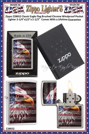 Zippo Windproof Lighter Z28652 Zippo Classic Bald Eagle Flag Brushed Chrome Windproof Pocket Lighter 2-1/4"x1/2"x1-1/2" Comes With a Lifetime Guarantee Zippo Windproof Lighter Z28652 Zippo Classic Bald Eagle Flag Brushed Chrome Windproof Pocket Lighter 2-1/4"x1/2"x1-1/2" Comes With a Lifetime Guarantee