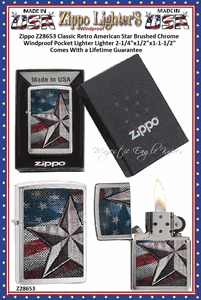 Zippo Windproof Lighter Zippo Z28653 Zippo Classic Retro American Star Brushed Chrome Windproof Pocket Lighter 2-1/4"x1/2"x1-1/2" Comes With a Lifetime Guarantee  
