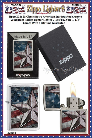 Zippo Windproof Lighter Zippo Z28653 Zippo Classic Retro American Star Brushed Chrome Windproof Pocket Lighter 2-1/4"x1/2"x1-1/2" Comes With a Lifetime Guarantee  