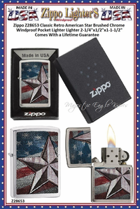 Zippo Windproof Lighter Zippo Z28653 Zippo Classic Retro American Star Brushed Chrome Windproof Pocket Lighter 2-1/4"x1/2"x1-1/2" Comes With a Lifetime Guarantee Zippo Windproof Lighter Zippo Z28653 Zippo Classic Retro American Star Brushed Chrome Windproof Pocket Lighter 2-1/4"x1/2"x1-1/2" Comes With a Lifetime Guarantee