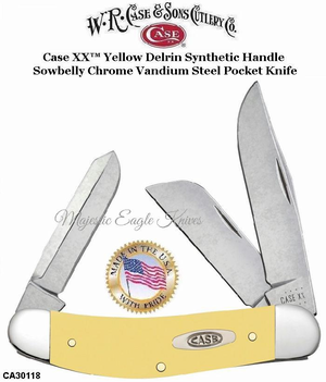 W.R. Case & Sons Presents CA30118 Case XX� Yellow Delrin Synthetic Handle Sowbelly CV Steel Pocket Knife 