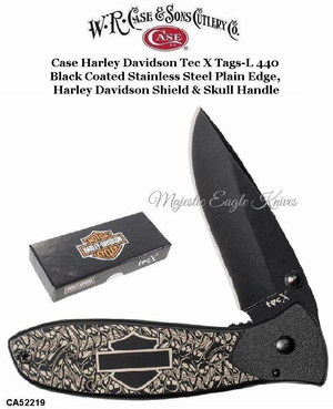 W.R. Case & Sons Presents CA52219 Case XX™ Harley Davidson Tec X Tags-L 52219, 440 Black Coated Stainless Steel Plain Edge, Harley Davidson & Skull Handle W.R. Case & Sons Presents CA52219 Case XX™ Harley Davidson Tec X Tags-L 52219, 440 Black Coated Stainless Steel Plain Edge, Harley Davidson & Skull Handle