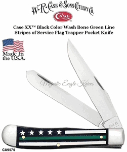 W.R. Case & Sons Presents CA9575 Case XX� Black Color Wash Bone Green Line Stripes of Service Flag Trapper Pocket Knife 