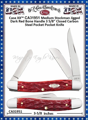 WR Case & Sons Cutlery C31951 Case XX™ Jigged Dark Red Bone Handle Medium Stockman Chrome Vanadium Pocket Knife WR Case & Sons Cutlery C31951 Case XX™ Jigged Dark Red Bone Handle Medium Stockman Chrome Vanadium Pocket Knife