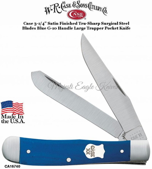 WR Case & Son's Cutlery CA16740 Case 3-1/4" Satin Finished Tru-Sharp Surgical Steel Blades Blue G-10 Handle Large Trapper Pocket Knife WR Case & Son's Cutlery CA16740 Case 3-1/4" Satin Finished Tru-Sharp Surgical Steel Blades Blue G-10 Handle Large Trapper Pocket Knife