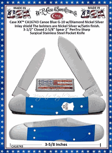 WR Case & Son's Cutlery CA16743 Case  2-5/8" Spear blade and 2" Pen blade Satin Finished Tru-Sharp Surgical Steel Blades Blue G-10 Handle Canoe Pocket Knife