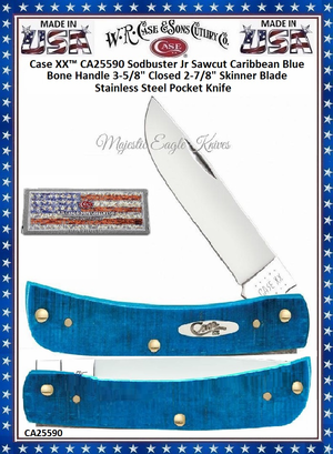 WR Case & Son's Cutlery CA25590 Case 2 7/8" Tru-sharp Surgical Stainless Steel Clip/Skinner blade Caribbean Blue Sawcut Jigged Bone Handle Sod Buster Jr Pocket Knife