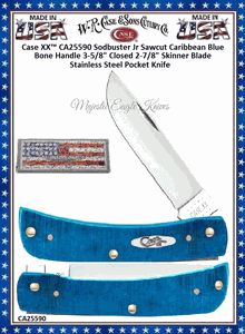 WR Case & Son's Cutlery CA25590 Case 2 7/8" Tru-sharp Surgical Stainless Steel Clip/Skinner blade Caribbean Blue Sawcut Jigged Bone Handle Sod Buster Jr Pocket Knife