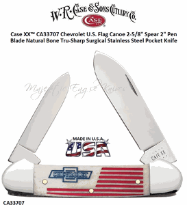 WR Case & Sons Cutlery CA33707 Case XX� Chevrolet U.S. Flag Canoe 2 5/8" Spear 2" Pen Blades Tru-Sharp Surgical Stainless Steel Natural Bone Handle Stainless Pocket Knife