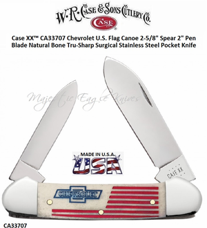 WR Case & Sons Cutlery CA33707 Case XX™ Chevrolet U.S. Flag Canoe 2 5/8" Spear 2" Pen Blades Tru-Sharp Surgical Stainless Steel Natural Bone Handle Stainless Pocket Knife WR Case & Sons Cutlery CA33707 Case XX™ Chevrolet U.S. Flag Canoe 2 5/8" Spear 2" Pen Blades Tru-Sharp Surgical Stainless Steel Natural Bone Handle Stainless Pocket Knife