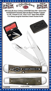 WR Case & Sons Cutlery CA33708 Case XX� Chevrolet Embellished Smooth Natural Bone Handle Trapper 3 1/4" Clip Blade & 3 1/4" Spey Blade Tru-Sharp Surgical Stainless Steel Pocket Knife