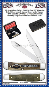 WR Case & Sons Cutlery CA33708 Case XX� Chevrolet Embellished Smooth Natural Bone Handle Trapper 3 1/4" Clip Blade & 3 1/4" Spey Blade Tru-Sharp Surgical Stainless Steel Pocket Knife