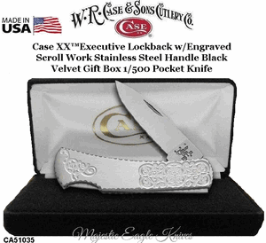 WR Case & Son's Cutlery CA51035 Case XX� Executive Lockback w/Engraved Scroll Work Stainless Steel Handle Black Velvet Gift Box 1/500 Pocket Knife 